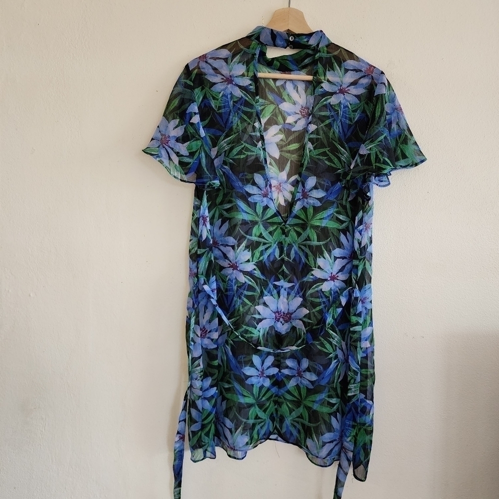 2/$20 Forever 21 Blue Green Floral Print Semi Sheer A Line Dress Size - Picture 12 of 16